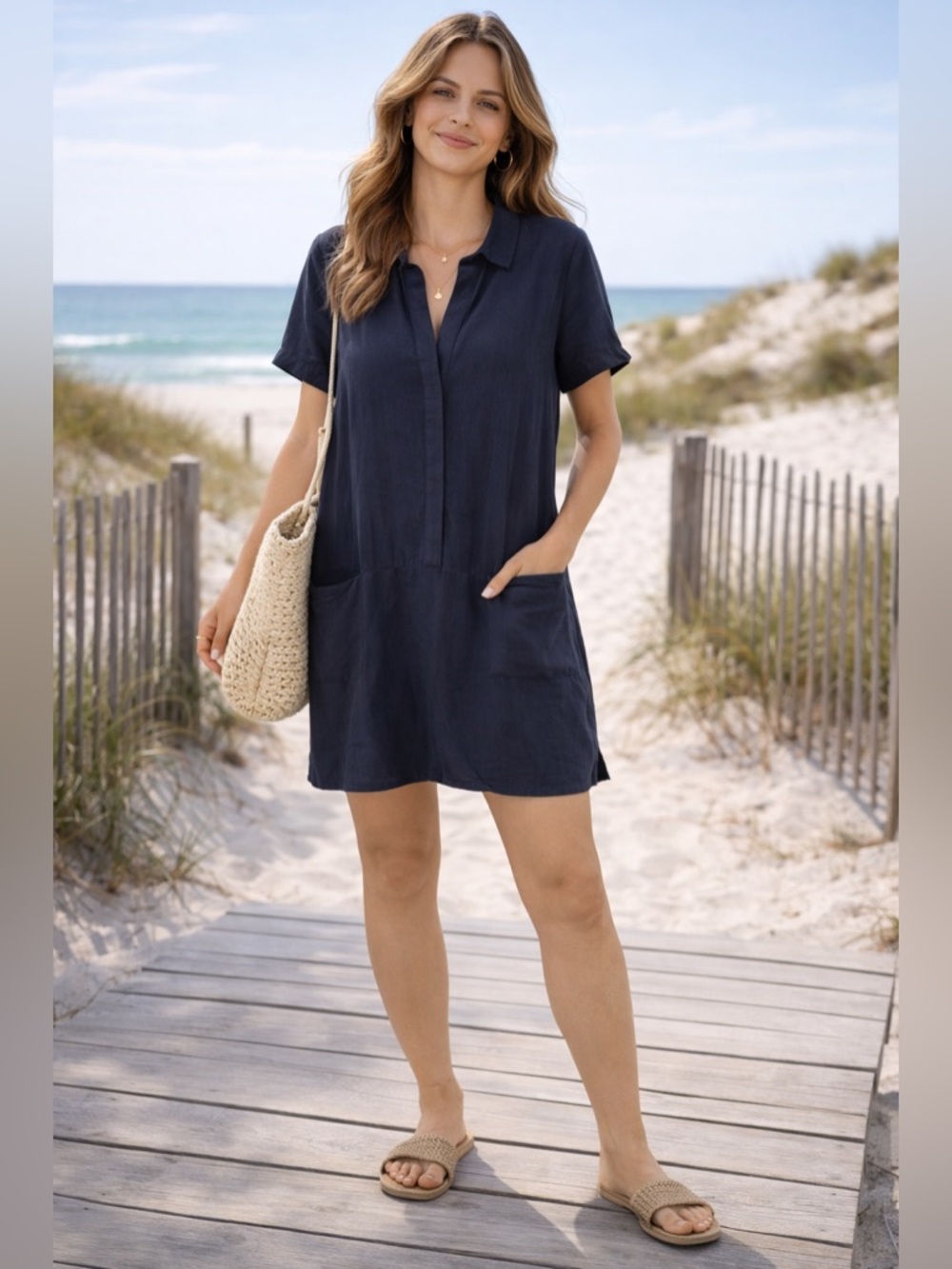Harris Wilson 100% Linen Navy Pocket Lagenlook Minimalist Dress Size Large